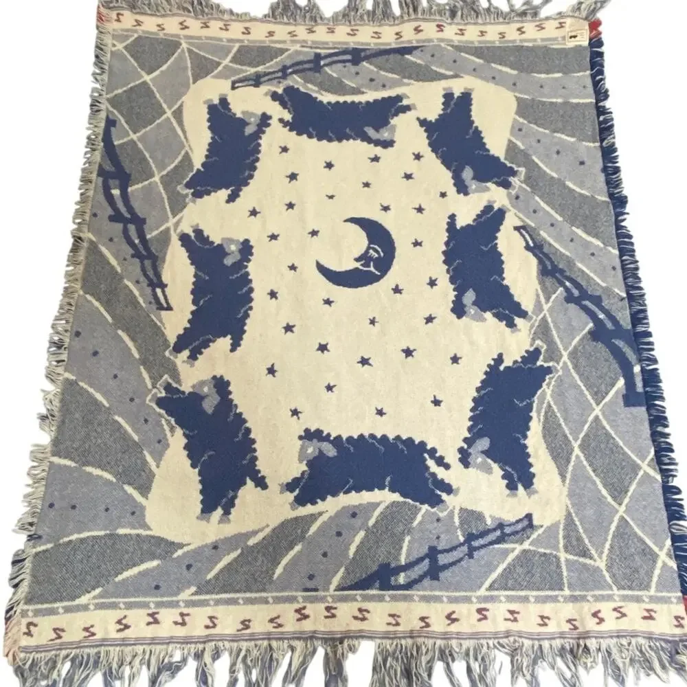 Vintage Woven Throw Blanket Baby Sleep Moon Counting Sheep Fringe 54x43 Afghan